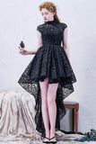 A-line High Neck Asymmetrical Lace Black Open Back High Low Modern Prom Dresses RJS778 Rjerdress