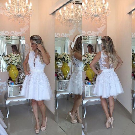 A-line Hot-selling Deep V-Neck White Lace Short Homecoming Dresses RJS468 Rjerdress
