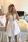 A-line Hot-selling Deep V-Neck White Lace Short Homecoming Dresses RJS468
