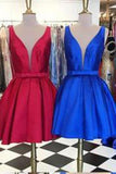 A-line Knee-Length V-neck Satin Red/Blue Ribbon Homecoming Dress RJS457 Rjerdress
