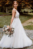 A line Lace Appliques V Neck Backless Tulle Wedding Dresses, Floor Length Beach Bride Gown