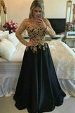 A line Lace Black Puffy Pearls Gold Evening Dresses Long Sleeve Appliques Prom Dresses RJS664