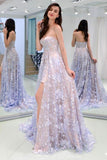 A line Lace Slit Sleeveless Floor Length Long Prom Dresses Rjerdress