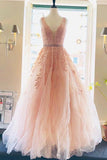 A line Lace V Neck Pink Prom Dresses with Appliques Long Cheap Evening Dresses RJS730