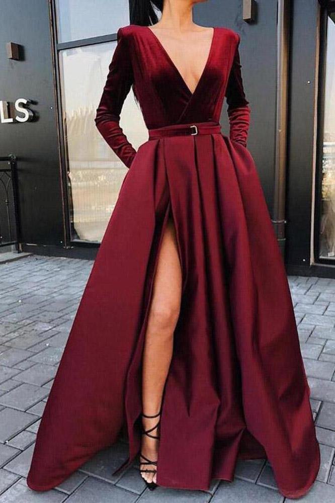 A line Long Sleeve Burgundy Prom Dresses Satin Deep V Neck High Slit E –  Rjerdress
