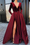 A line Long Sleeve Burgundy Prom Dresses Satin Deep V Neck High Slit Evening Dress RJS650