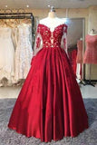 A-line Long Sleeves Sweetheart Lace Floor-Length Burgundy Cheap Prom Dresses RJS760