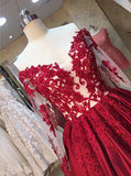 A-line Long Sleeves Sweetheart Lace Floor-Length Burgundy Cheap Prom Dresses RJS760 Rjerdress