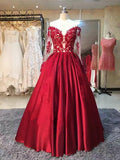 A-line Long Sleeves Sweetheart Lace Floor-Length Burgundy Cheap Prom Dresses RJS760 Rjerdress