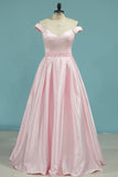 A-line Off the Shoulder Sweetheart with Pockets Long Senior Party Dresses