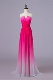A-line Ombre Princess Long Cheap Gradient Chiffon Strapless Hot Pink Prom Dresses UK
