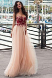 A line Pink Red Lace Appliques Prom Dresses Strapless Tulle Long Evening Dresses RJS535
