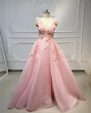 A line Pink V Neck Prom Dresses with Slit Lace Appliques Prom Gowns RJS590 Rjerdress