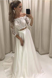 A-line Princess Lace Bodice 3/4 Sleeves Two Pieces Satin Simple Wedding Dresses