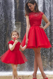 A line Red Cap Sleeves Tulle Lace High Neck Above Knee Open Back Homecoming Dresses Rjerdress