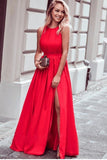 A line Red High Slit Prom Dresses Scoop Ruffles Floor Length Evening Dresses RJS677