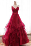 A line Red Ruffles Spaghetti Straps V Neck Prom Dresses Backless Long Evening Dresses Rjerdress