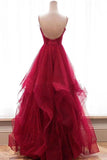 A line Red Ruffles Spaghetti Straps V Neck Prom Dresses Backless Long Evening Dresses Rjerdress