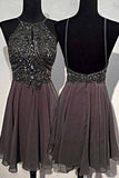 A-line Round Neck Chiffon Beaded Grey Backless Homecoming Dress RJS535 Rjerdress