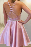 A line Round Neck Criss-Cross Straps Short Homecoming Dress with Beads Pockets H1290 Rjerdress