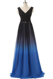A line Royal Blue Black Gradient Bridesmaid Dresses Ombre Chiffon Lace up Prom Dresses UK RJS341