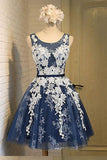 A-line Scoop Knee-length Open Back Navy Blue Organza Homecoming Dress with Appliques RRJS171