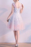 A line Short Appliques Tulle Lace Round neck Knee length Pink Homecoming Dress RRJS187 Rjerdress