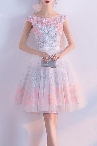 A line Short Appliques Tulle Lace Round neck Knee length Pink Homecoming Dress RRJS187 Rjerdress