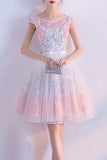A line Short Appliques Tulle Lace Round neck Knee length Pink Homecoming Dress RRJS187