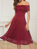 A-line Short Sleeve Burgundy Off-the-Shoulder Lace Knee-Length Grace Homecoming Dresses RJS228 Rjerdress