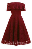 A-line Short Sleeve Burgundy Off-the-Shoulder Lace Knee-Length Grace Homecoming Dresses RJS228 Rjerdress