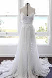 A-line Spaghetti Strap White Lace Chiffon Sweetheart Backless Beach Wedding Dresses Rjerdress