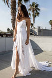 A-line Spaghetti Strap White Lace Chiffon Sweetheart Backless Beach Wedding Dresses