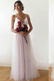 A line Spaghetti Straps Pearl Pink V Neck Backless Tulle Bridesmaid Dress Prom Dresses BD1007 Rjerdress