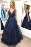 A line Spaghetti Straps V Neck Prom Dresses Sparkly Navy Blue Long Evening Dresses RJS621