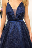A line Spaghetti Straps V Neck Prom Dresses Sparkly Navy Blue Long Evening Dresses RJS621 Rjerdress