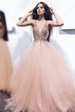 A line Tulle Blush Pink Prom Dresses with Beaded Sequins V Neck Bodice RJS653 Rjerdress