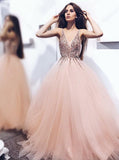A line Tulle Blush Pink Prom Dresses with Beaded Sequins V Neck Bodice RJS653 Rjerdress