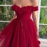 A-line Tulle Burgundy Short Sleeve Off-the-Shoulder Scoop Hand-Made Flower Prom Dresses Rrjs776 Rjerdress