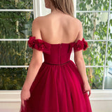 A-line Tulle Burgundy Short Sleeve Off-the-Shoulder Scoop Hand-Made Flower Prom Dresses Rrjs776 Rjerdress