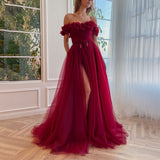 A-line Tulle Burgundy Short Sleeve Off-the-Shoulder Scoop Hand-Made Flower Prom Dresses Rrjs776