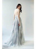 A line Tulle Ombre Deep V Neck Spaghetti Straps Blue Prom Dresses Evening Dresses RJS883 Rjerdress