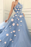 A line Tulle One Shoulder Prom Dresses with Sleeves 3D Flowers Evening Dress RJS523