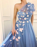 A line Tulle One Shoulder Prom Dresses with Sleeves 3D Flowers Evening Dress RJS523 Rjerdress