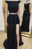 A line Two Piece Detachable Black Prom Dresses Sequin Short Sleeves Chiffon Formal Dress RJS461