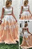 A-line Two Piece Long Floor Length Scoop White Lace Prom Dresses with Open Back rjs774