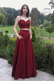 A line Two Pieces Spaghetti Straps Prom Dresses with Pockets Sweetheart Prom Gowns RJS624