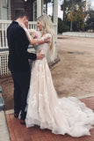A line V Neck Asymmetrical Long Sleeve Lace Tulle Wedding Dresses With Train Rjerdress