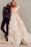 A line V Neck Asymmetrical Long Sleeve Lace Tulle Wedding Dresses With Train Rjerdress