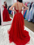 A line V Neck Lace Appliques Red Spaghetti Straps Tulle Prom Dresses Formal Dresses rjs768 Rjerdress